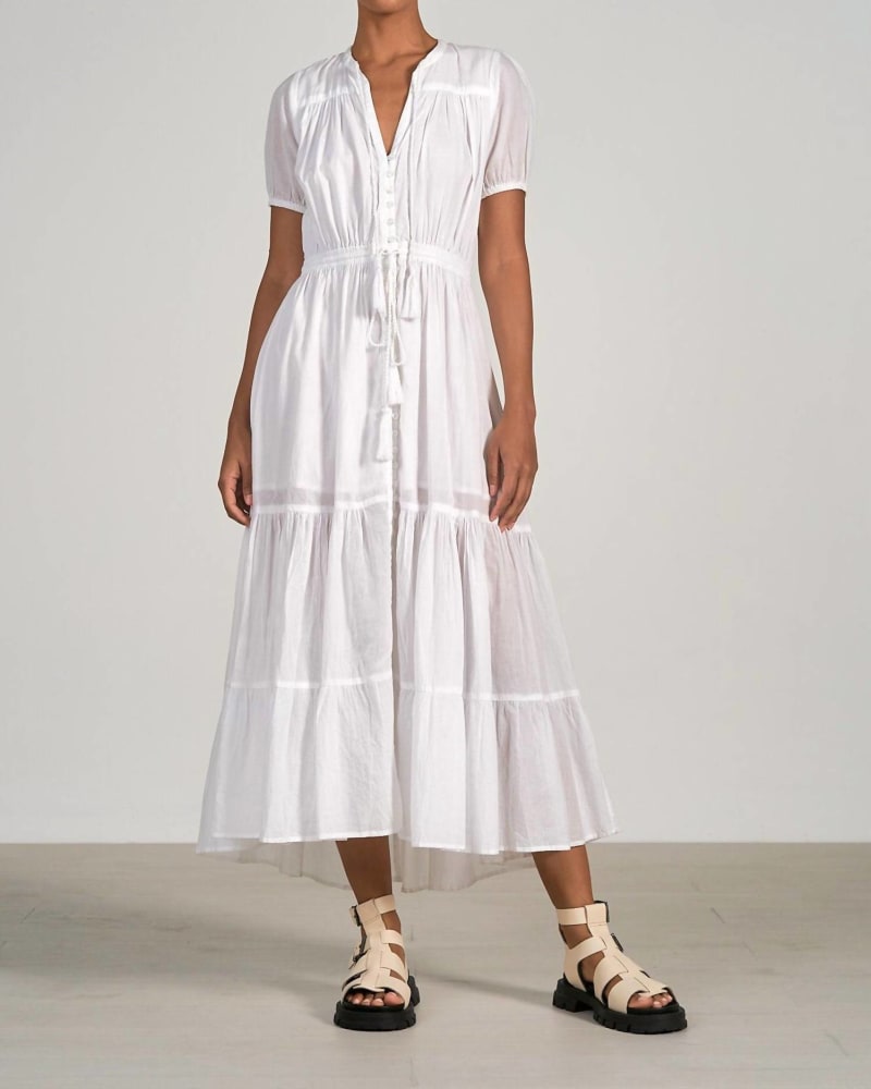 Front of a model wearing a size Large Everyday Button Down Maxi Dress in White in White by ELAN. | dia_product_style_image_id:337420
